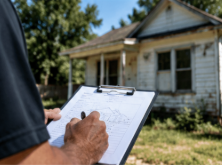 Estimator taking notes on a clipboard in front of a house due for demolition