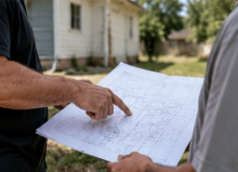 Two crew members going over the demolition plan on site