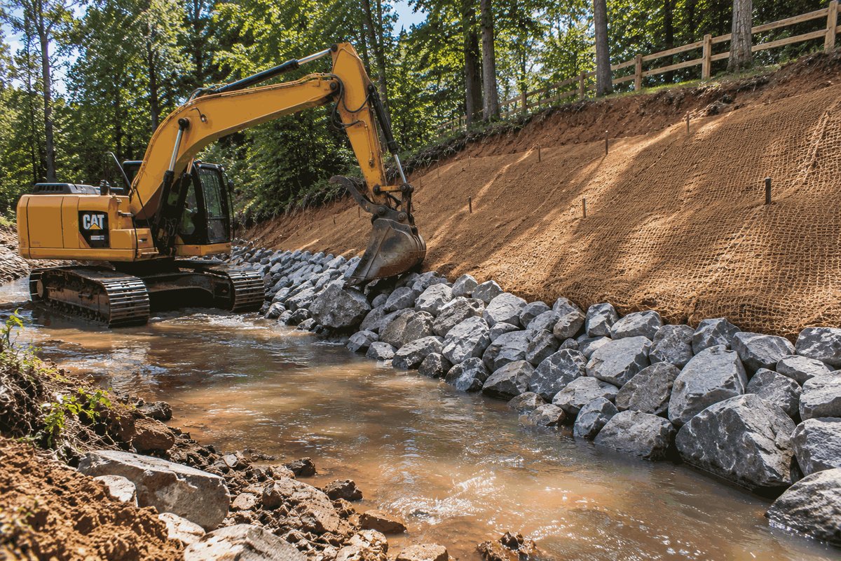 Excavator setting riprap stone along a creek bank below erosion control matting