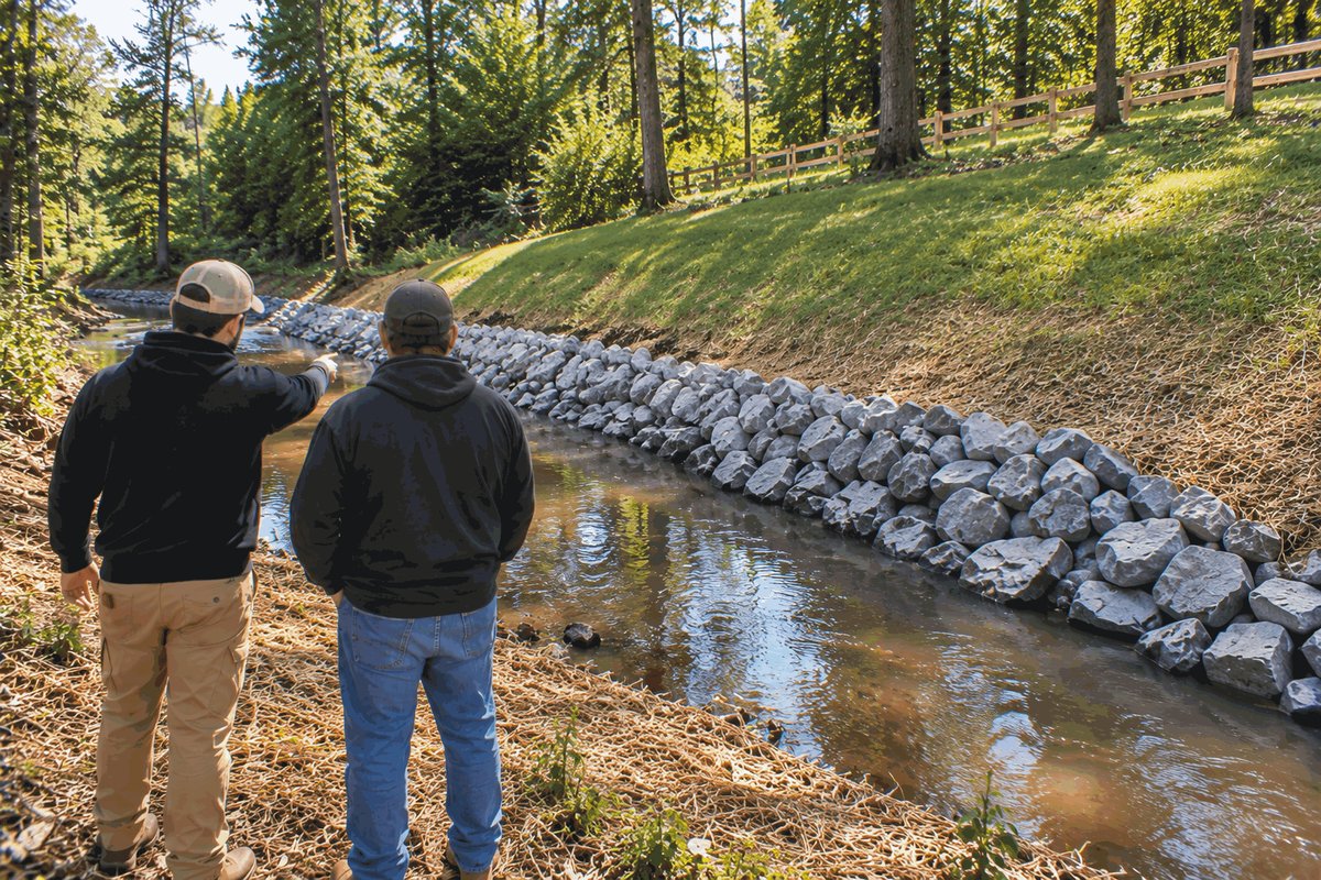 Two people looking over a finished creek bank lined with riprap and a regraded, grassed slope