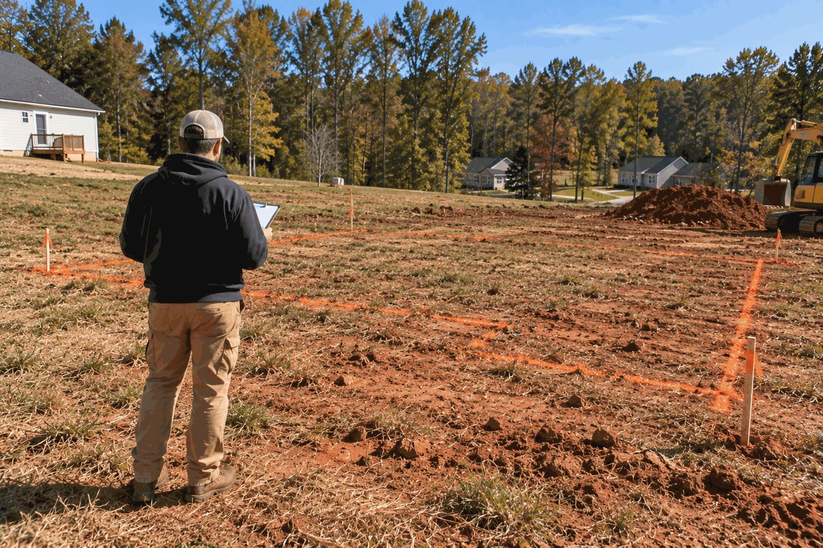 Estimator with a clipboard looking over a lot with the foundation outlined in orange paint