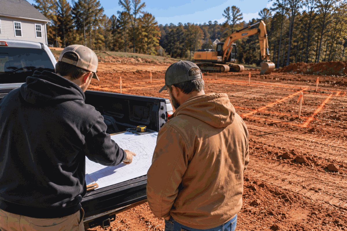 Two crew members reviewing a foundation plan on a pickup tailgate with an excavator on site