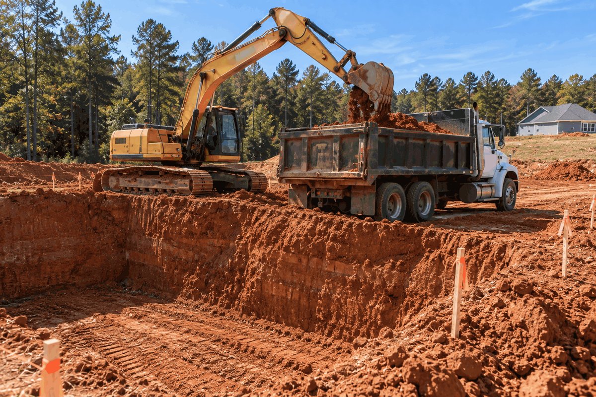 Excavator loading red clay into a dump truck beside a deep foundation excavation
