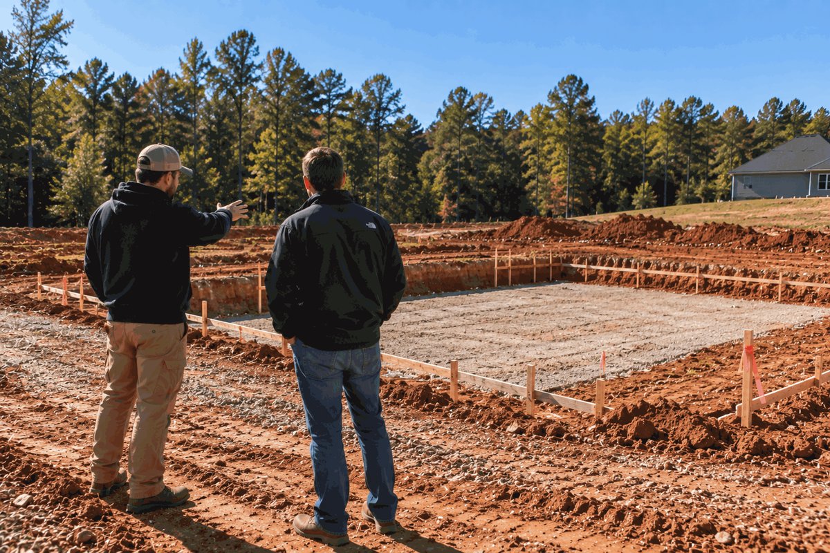 Two people looking over a finished foundation excavation with a gravel base and form boards