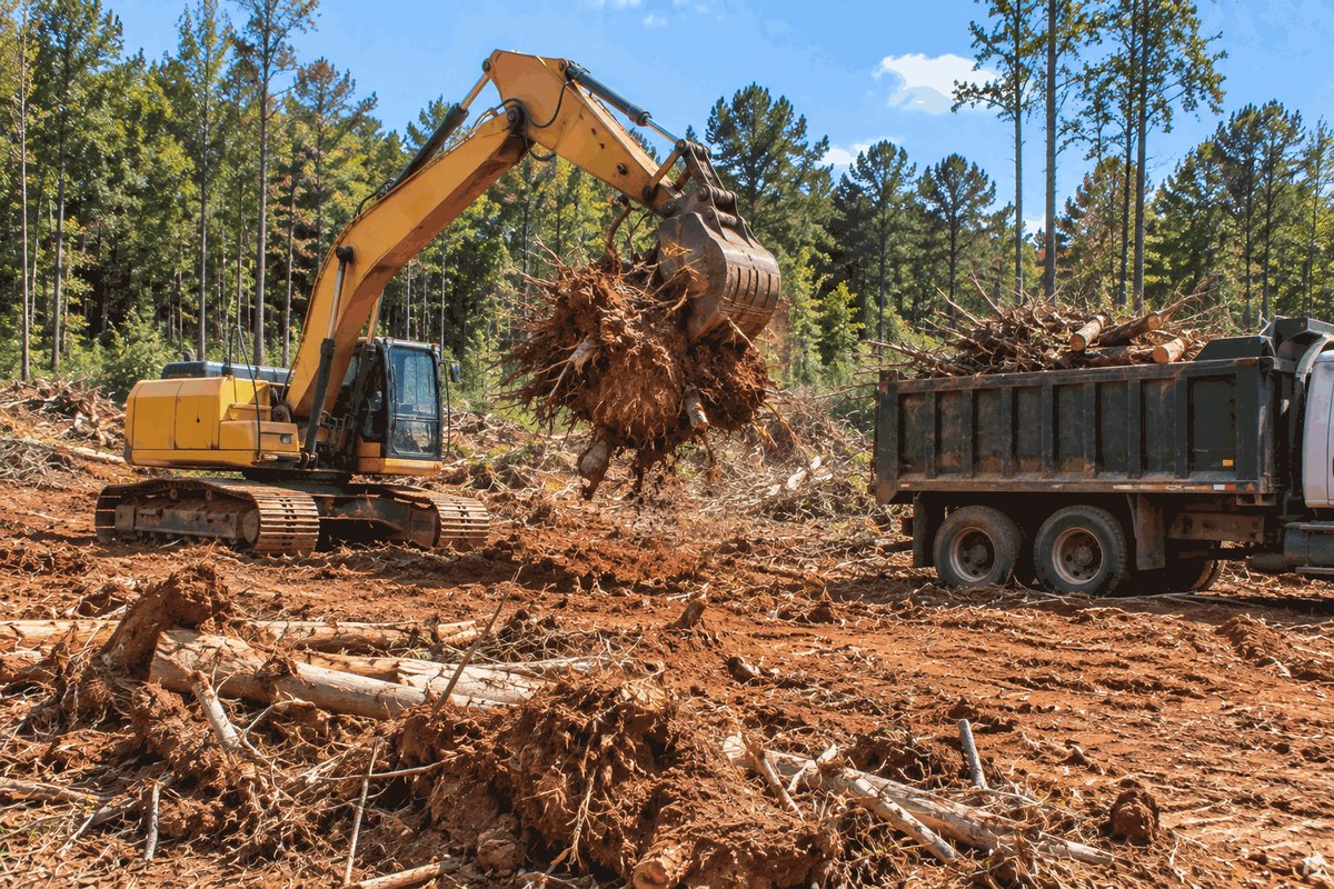 Excavator lifting a stump and root ball out of red clay beside a dump truck loaded with brush and logs