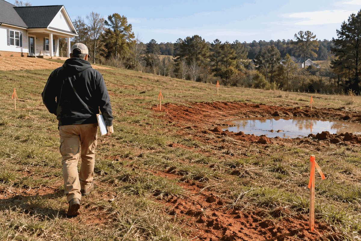 Estimator with a clipboard walking a sloped residential lot marked with orange survey stakes