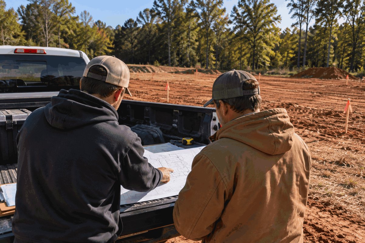 Two crew members going over a site plan on a pickup tailgate beside a staked dirt lot
