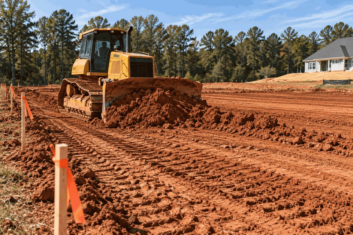 Bulldozer pushing red clay to shape a building pad along a line of grade stakes