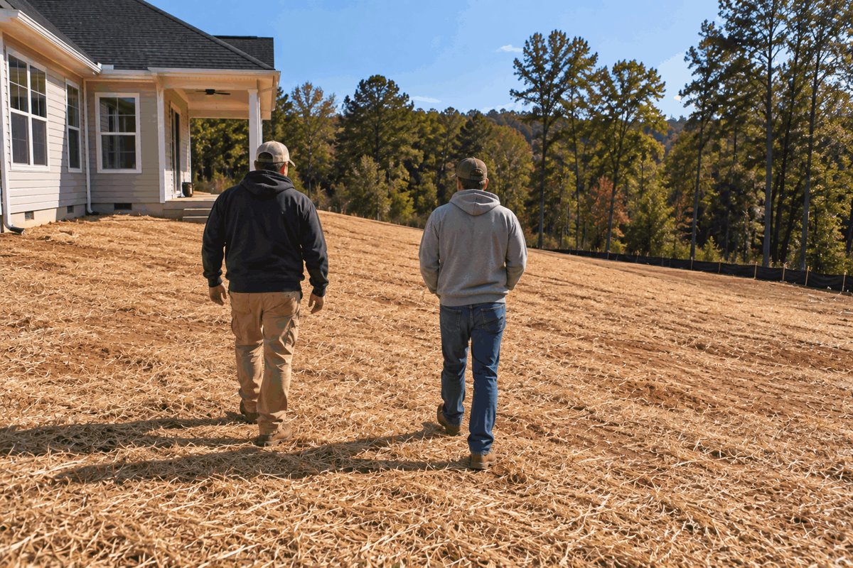 Two people walking across a finished graded yard covered in straw beside a new house