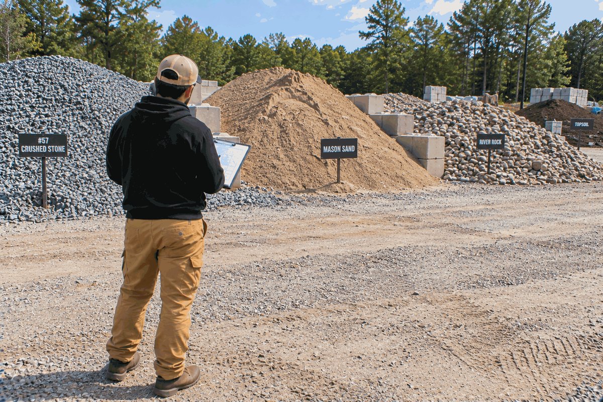 Estimator with a clipboard at a material yard in front of labeled piles of crushed stone, sand and river rock