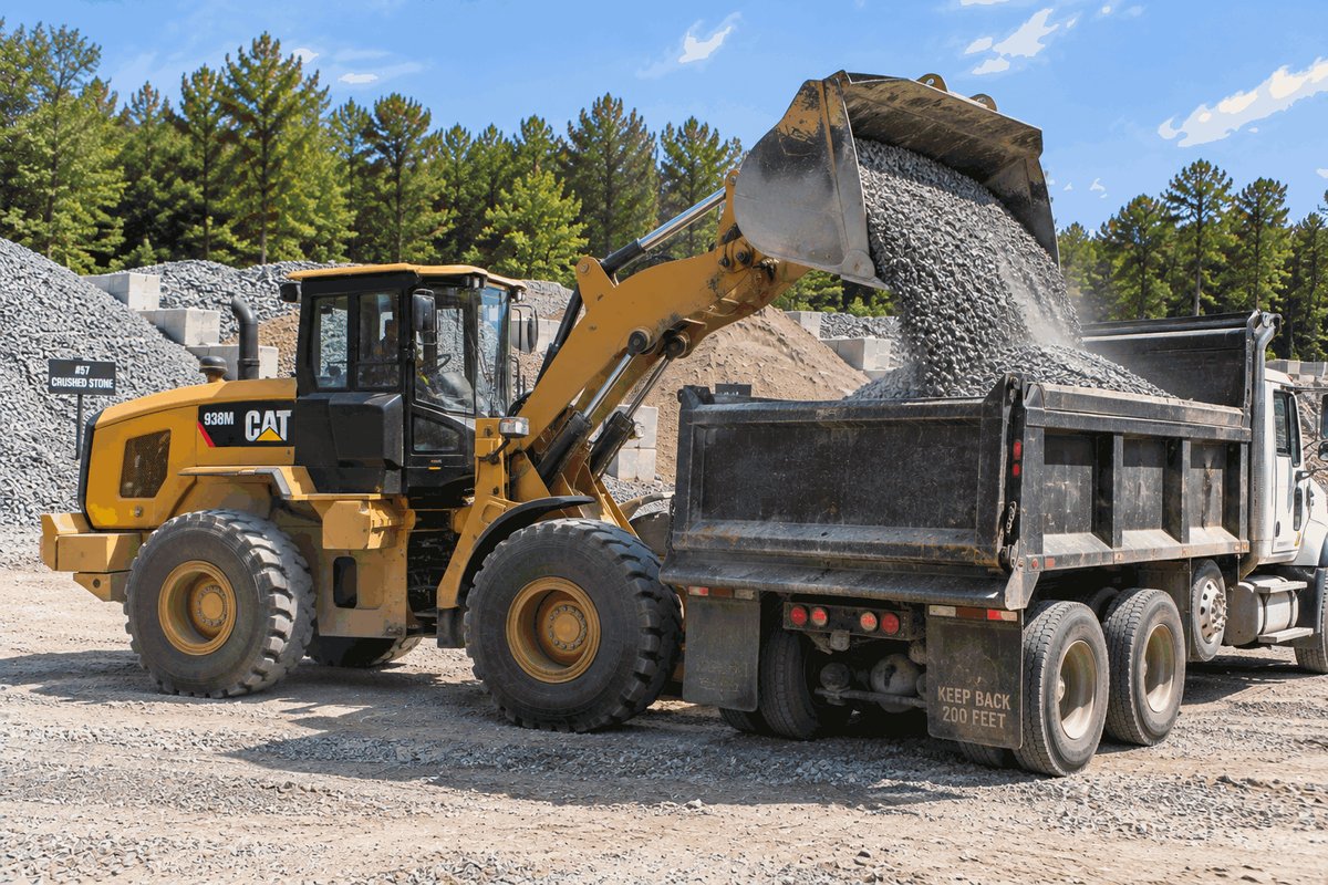 Wheel loader pouring a bucket of crushed stone into a dump truck at a material yard