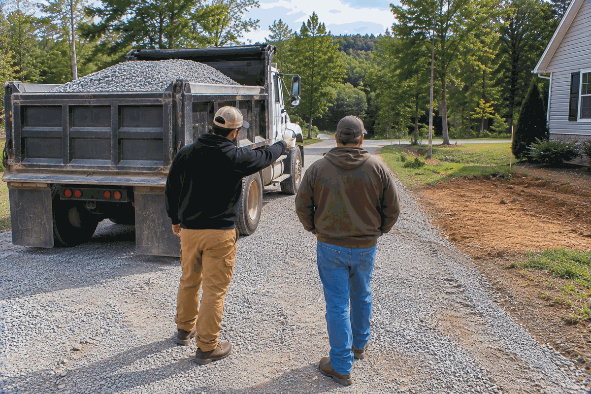 Two people beside a loaded dump truck in a home's gravel driveway, pointing out where the load will be dumped