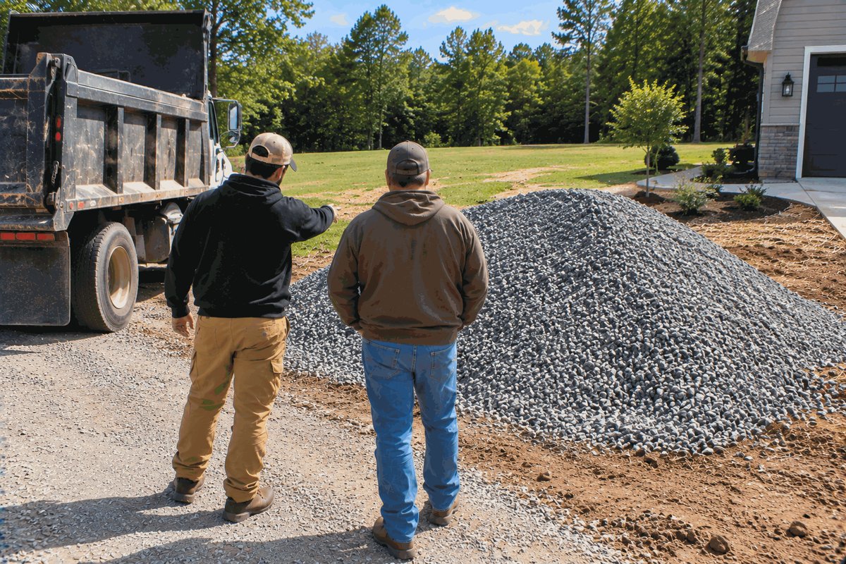 Two people looking over a pile of delivered crushed stone beside a driveway, the dump truck alongside
