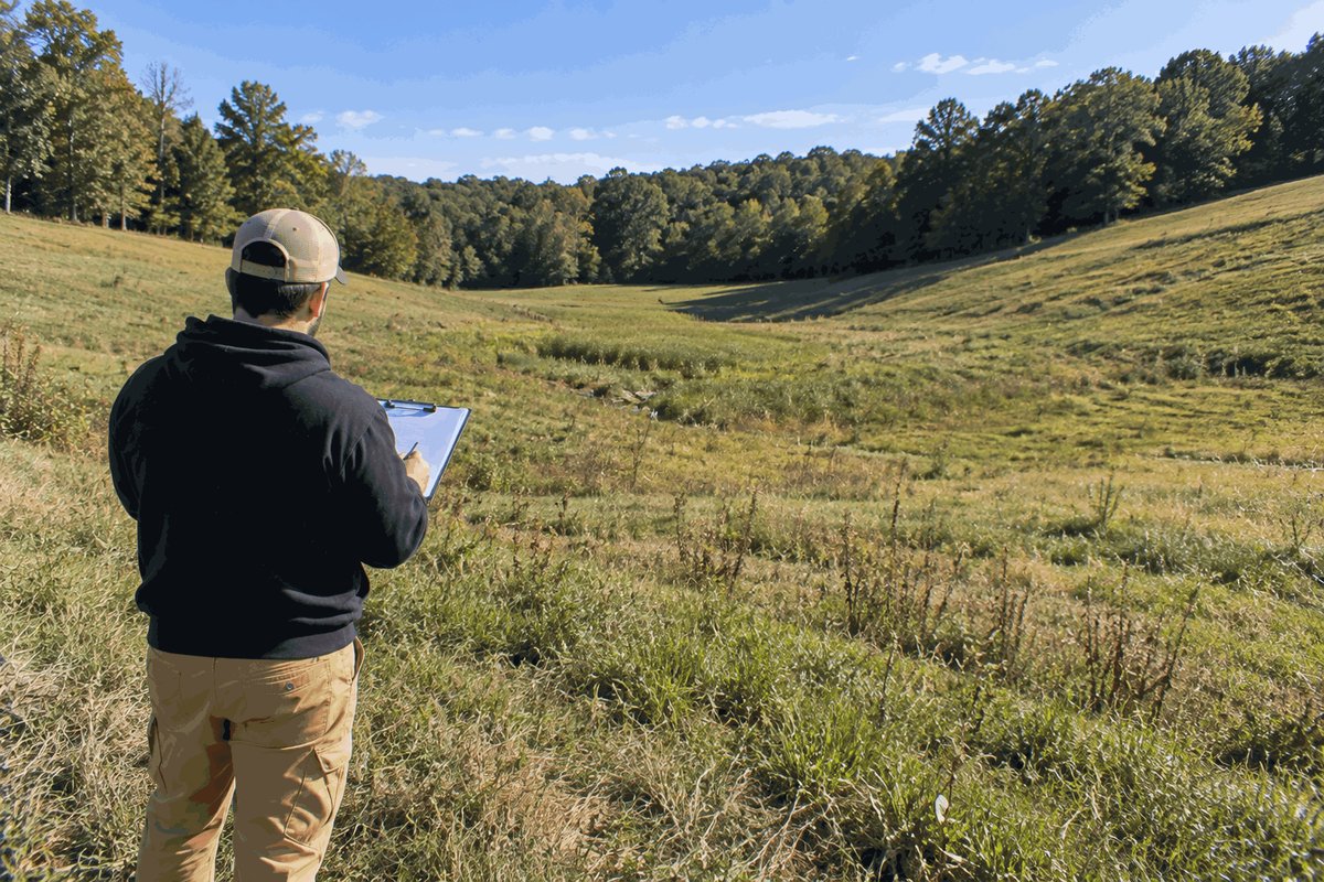Estimator with a clipboard looking over a low grassy field between hills where a pond could go