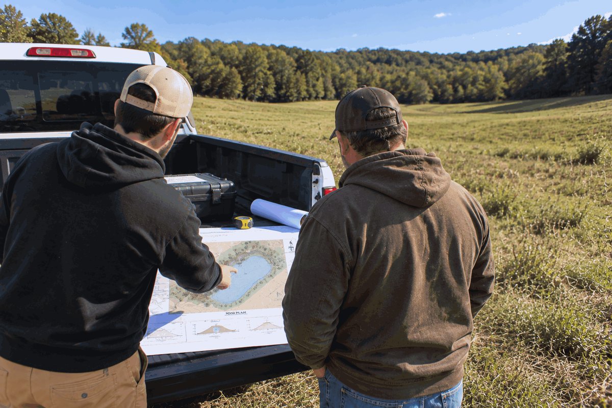 Two crew members going over a pond layout on a pickup tailgate beside an open field