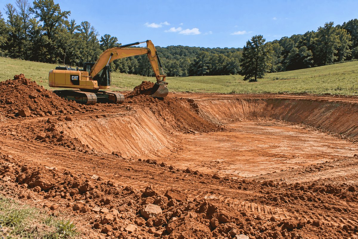 Excavator digging and shaping a pond basin in red clay in an open field