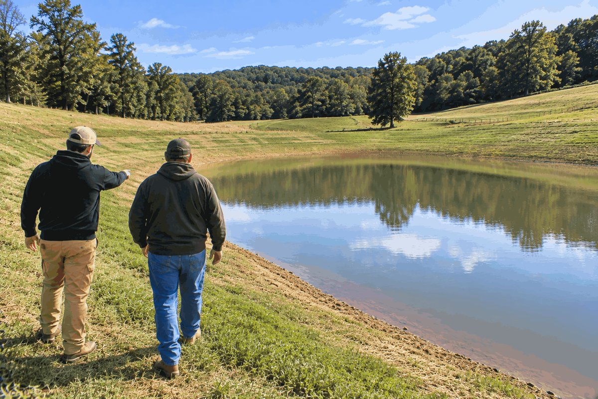 Two people walking the grassy bank of a finished pond holding water