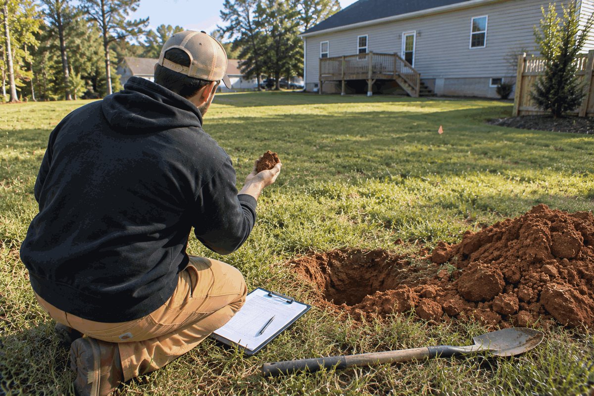 Estimator kneeling beside a soil test hole in a backyard, checking a handful of red clay