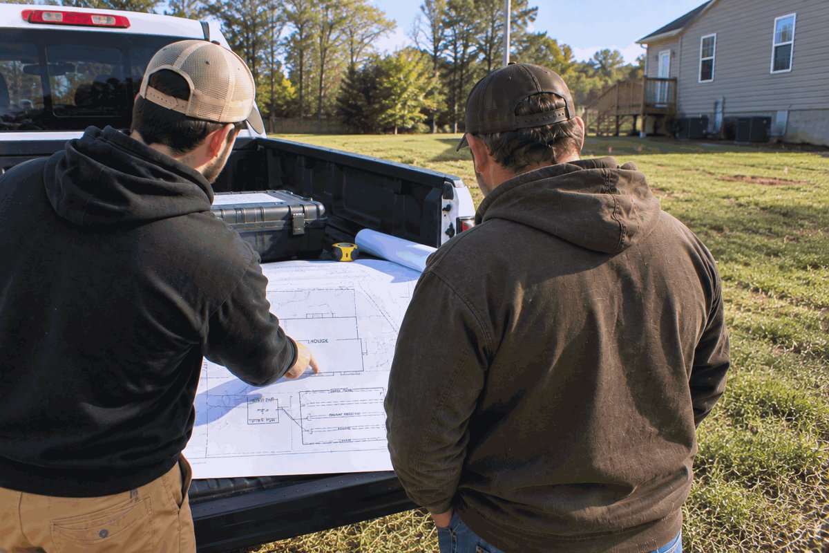 Two crew members going over a septic system layout on a pickup tailgate beside a house
