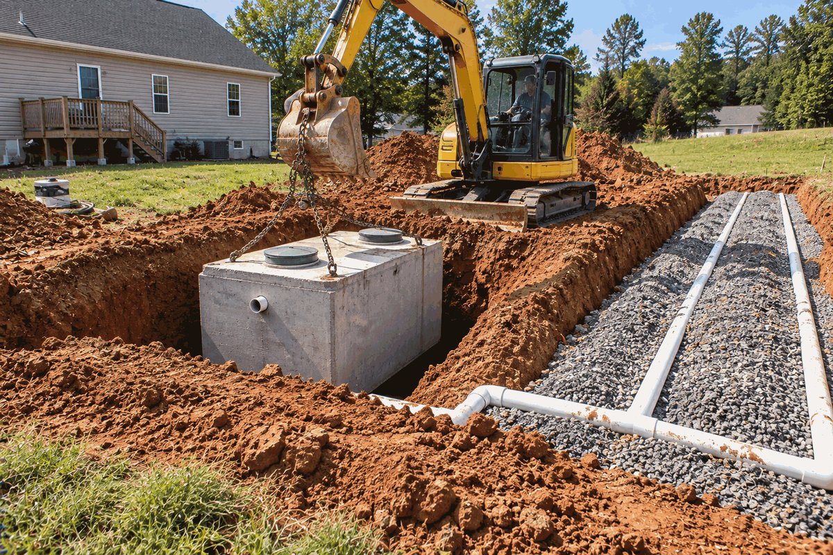 Mini excavator lowering a concrete septic tank into place beside a gravel drain field with white pipe