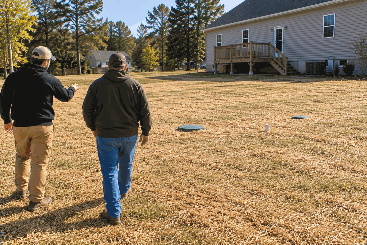 Two people walking a backyard covered in straw over the finished septic system, tank lids showing