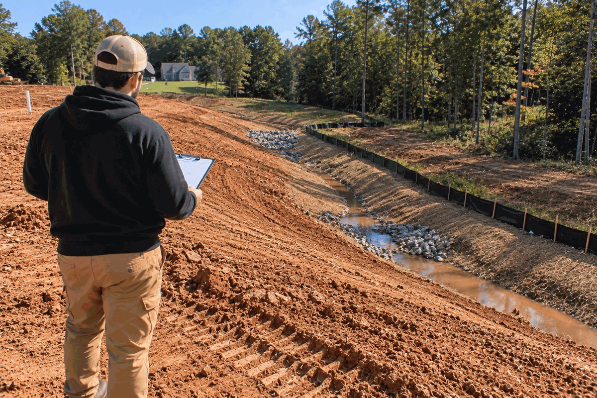 Estimator with a clipboard at the top of a graded slope looking down at a drainage channel and silt fence