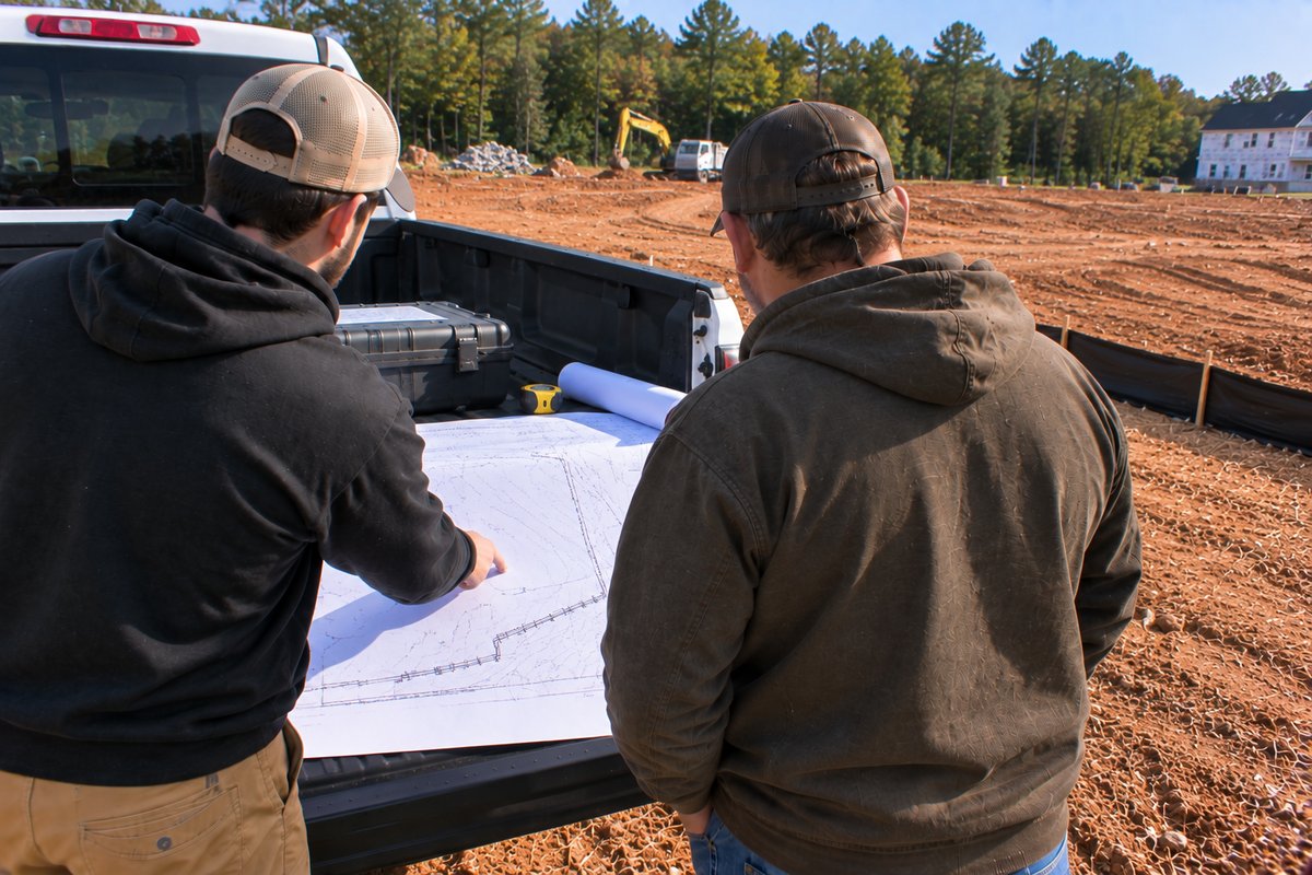 Two crew members going over a site plan on a pickup tailgate beside a graded lot lined with silt fence