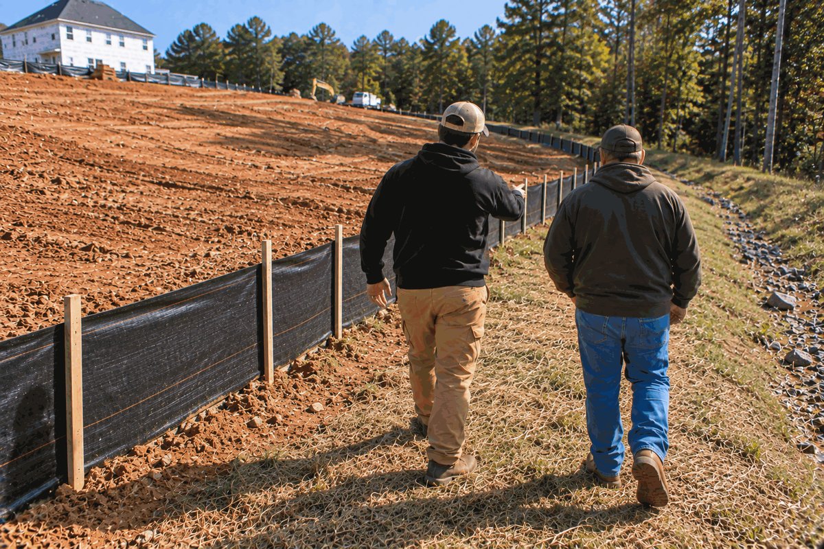 Two people walking beside a finished run of silt fence along the edge of a graded construction site
