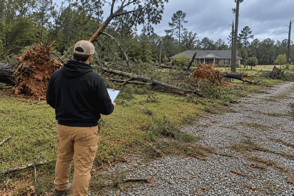 Estimator with a clipboard beside a gravel driveway looking at pine trees blown down and uprooted after a storm