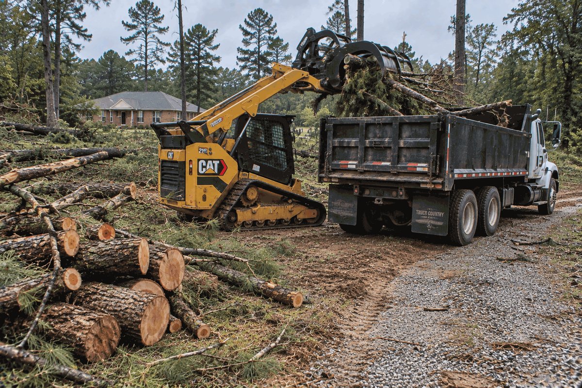 Compact track loader with a grapple loading storm-downed limbs into a dump truck beside stacked logs