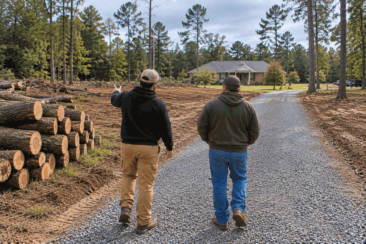 Two people walking up a regraded gravel driveway past neatly stacked logs toward a house