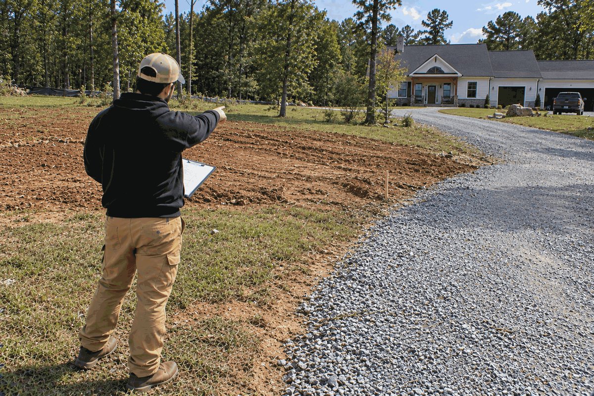 Estimator with a clipboard pointing out a dump spot beside a gravel driveway at a rural home