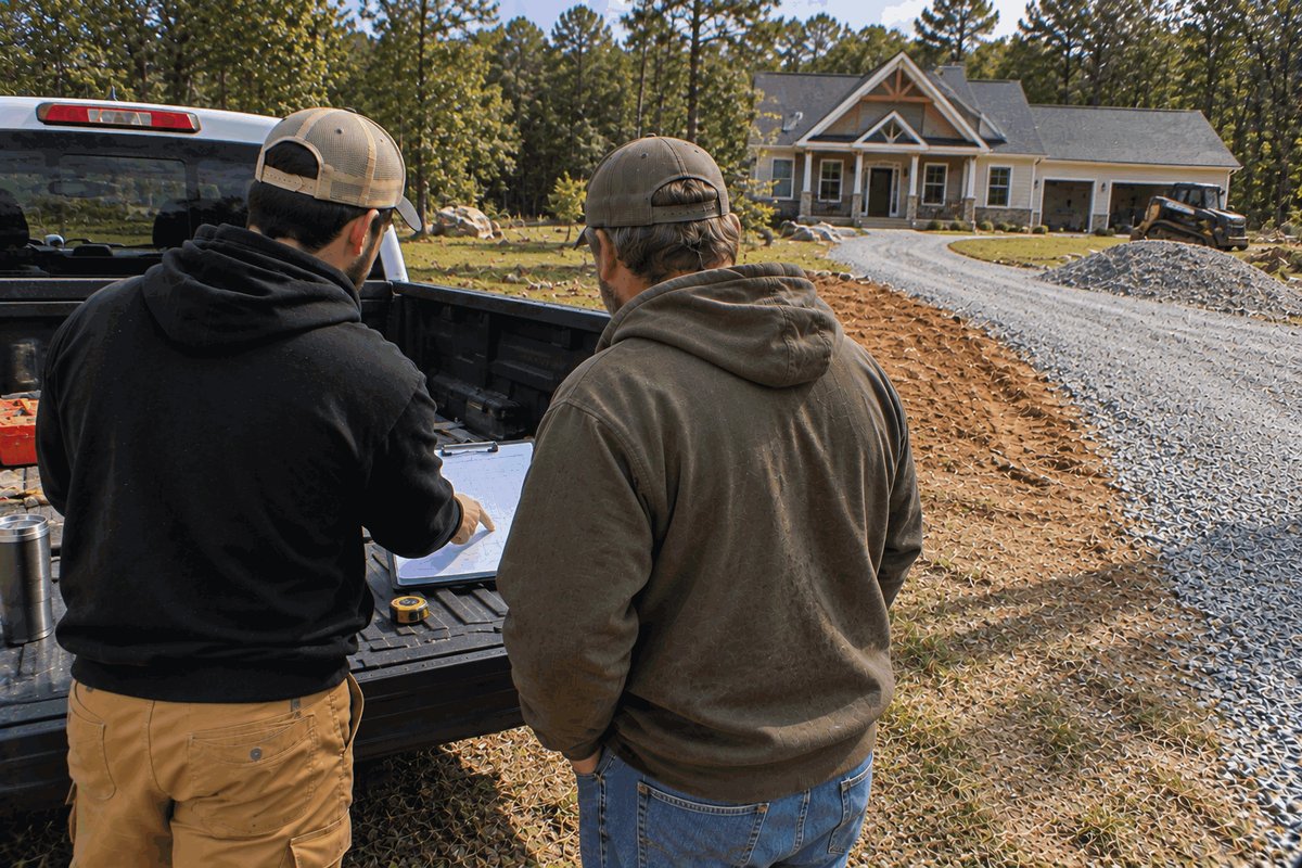 Two crew members going over an order on a pickup tailgate beside a gravel driveway and stone pile