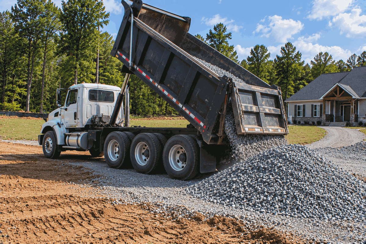 Tri-axle dump truck with its bed raised dumping a load of crushed gravel beside a house