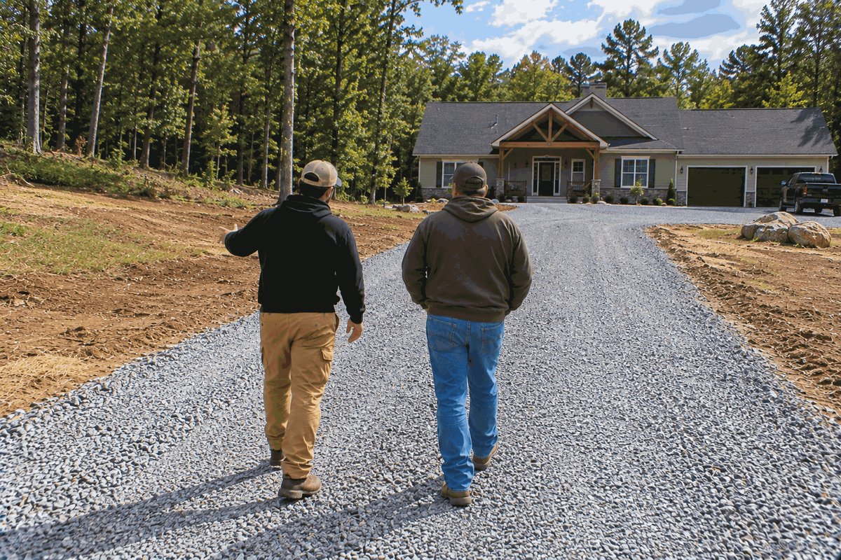 Two people walking up a freshly spread gravel driveway toward a house