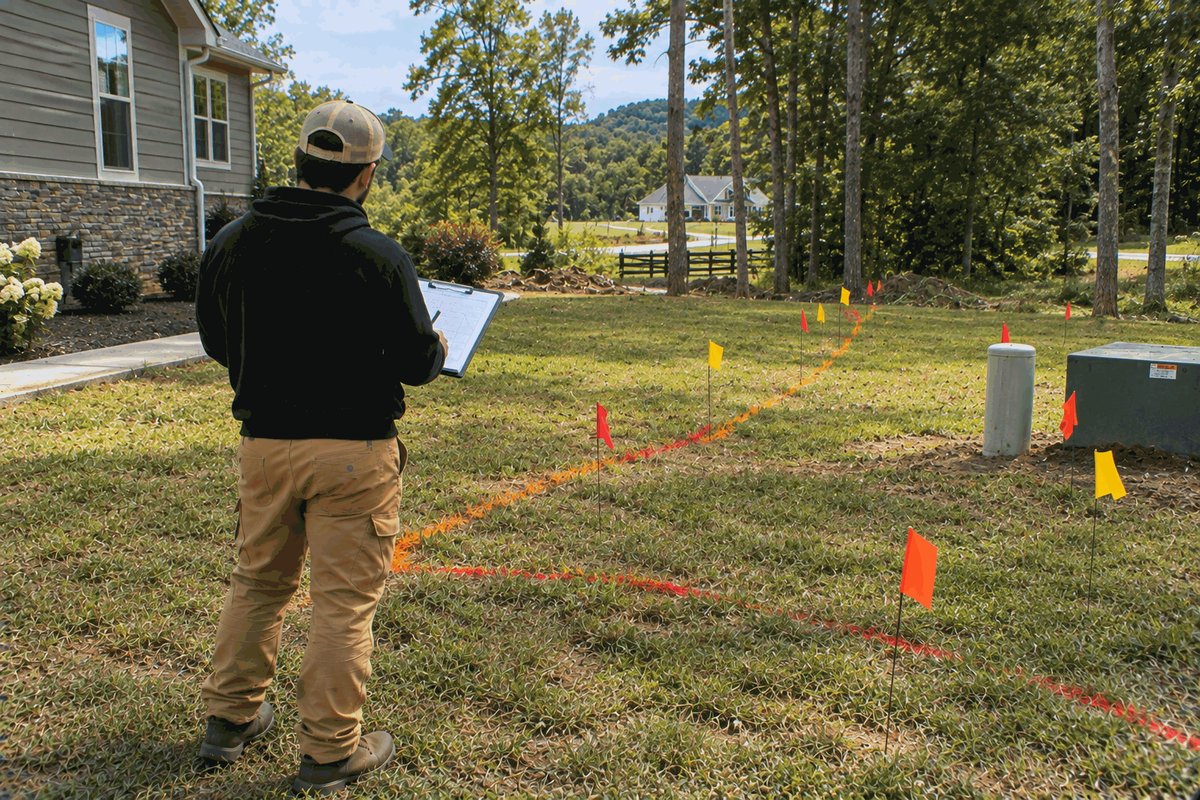 Estimator with a clipboard looking over a yard marked with utility flags and a painted line for an underground run