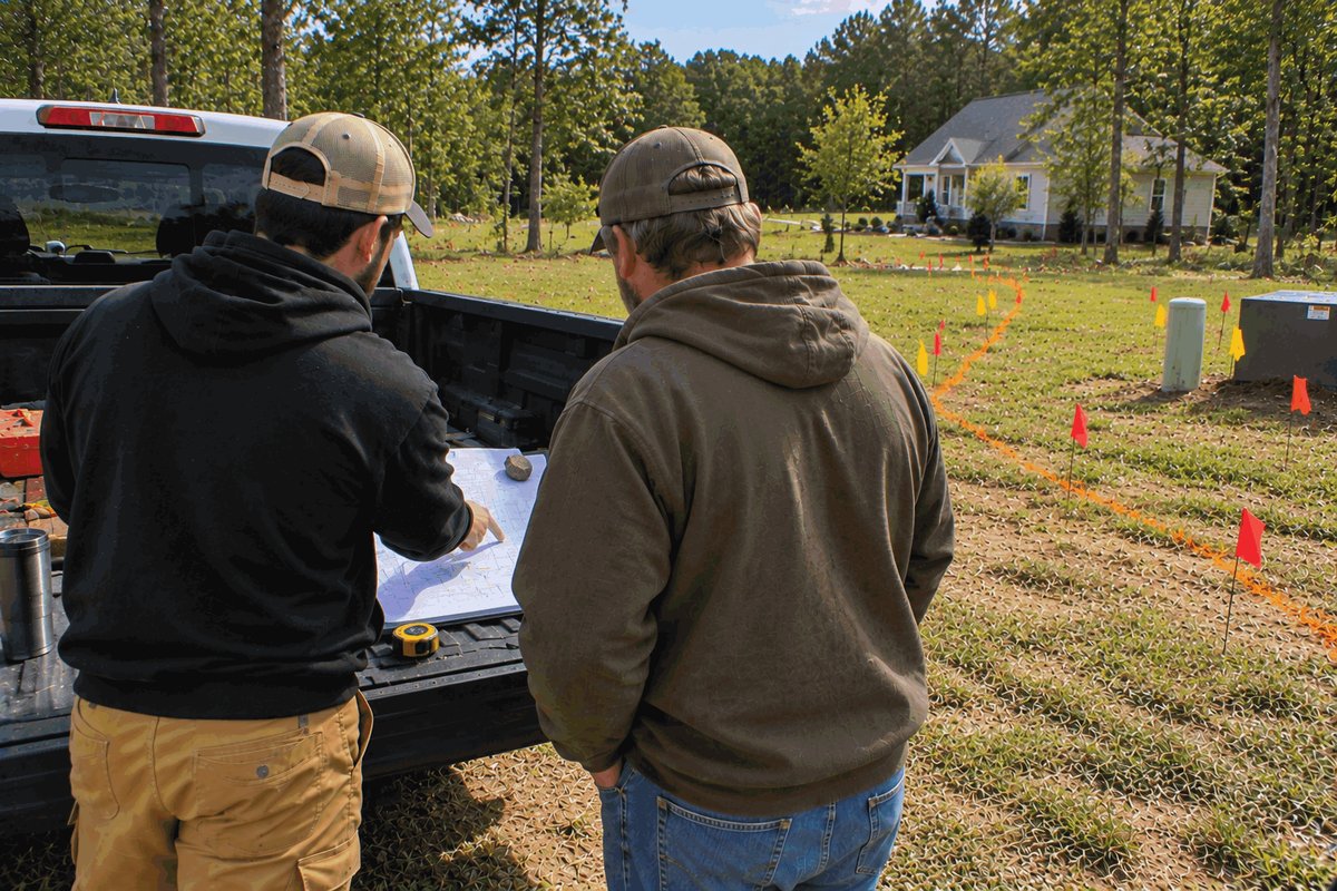 Two crew members going over a utility layout on a pickup tailgate beside a flagged yard