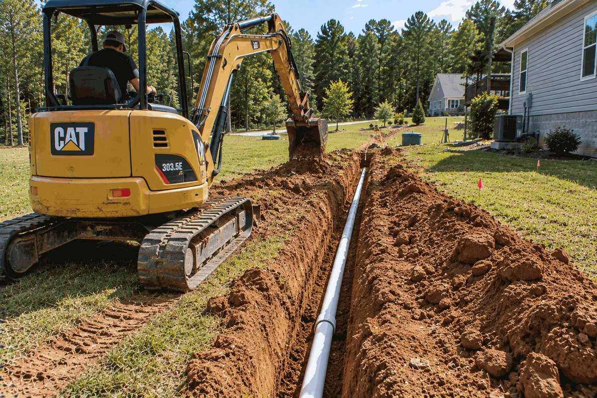 Mini excavator digging a trench across a yard with white pipe laid in the bottom